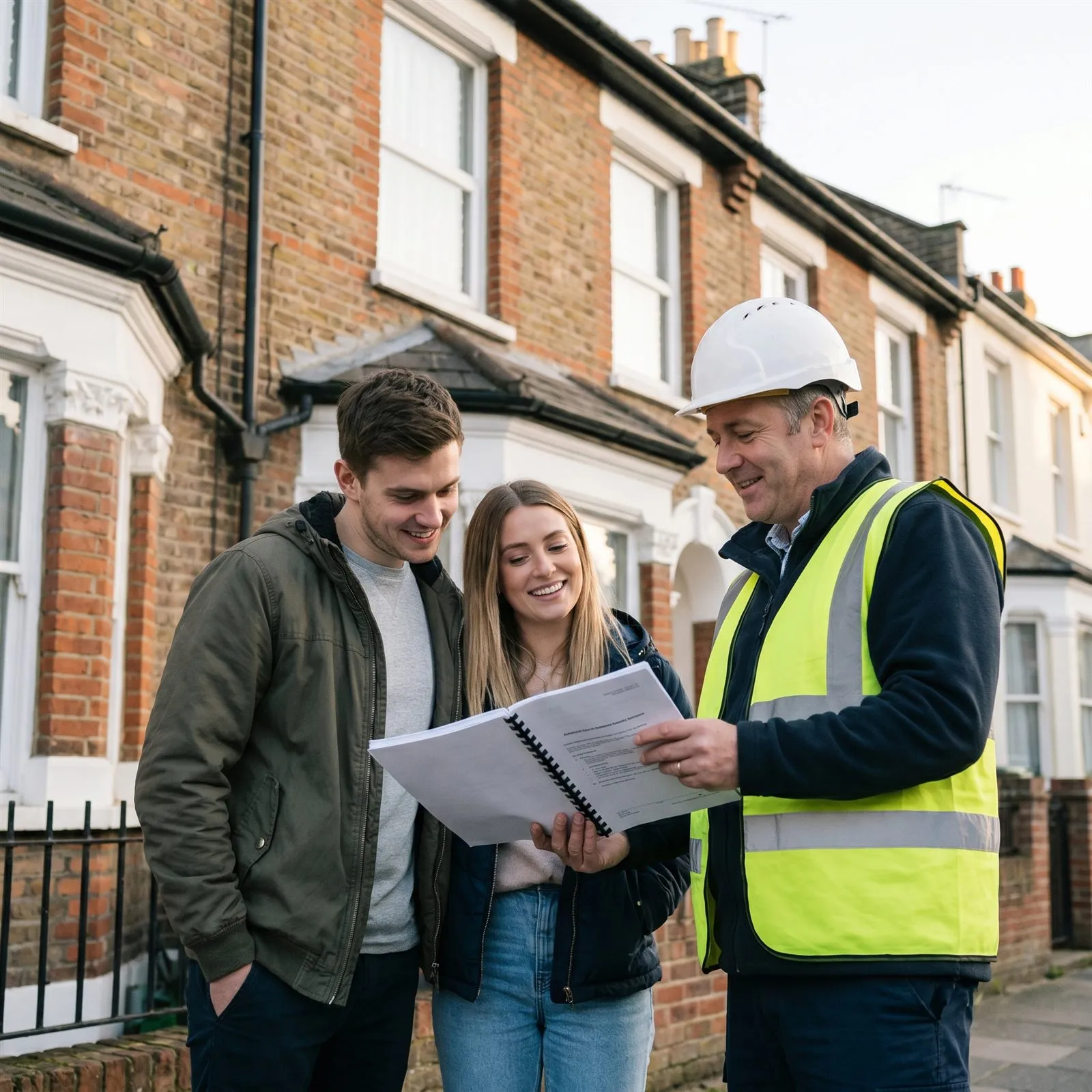 Buyer guidance conversation outside a residential property before exchange.