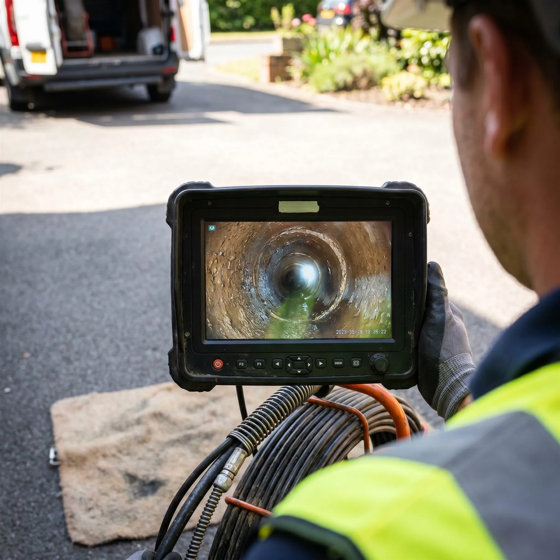 CCTV drain inspection monitor used outside a property to review underground pipework.