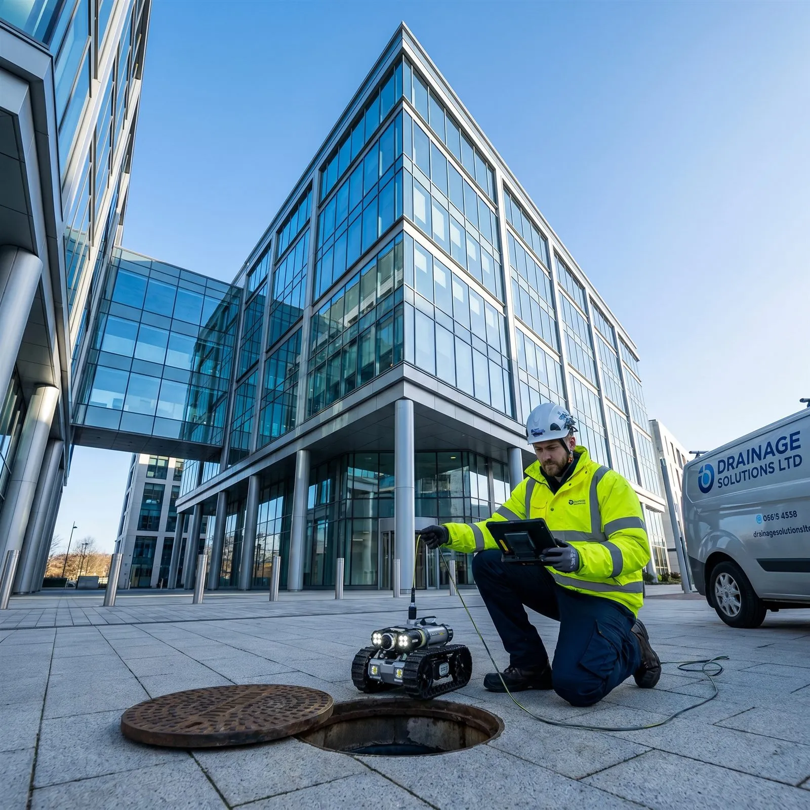 External property inspection focused on drain access and surrounding infrastructure.
