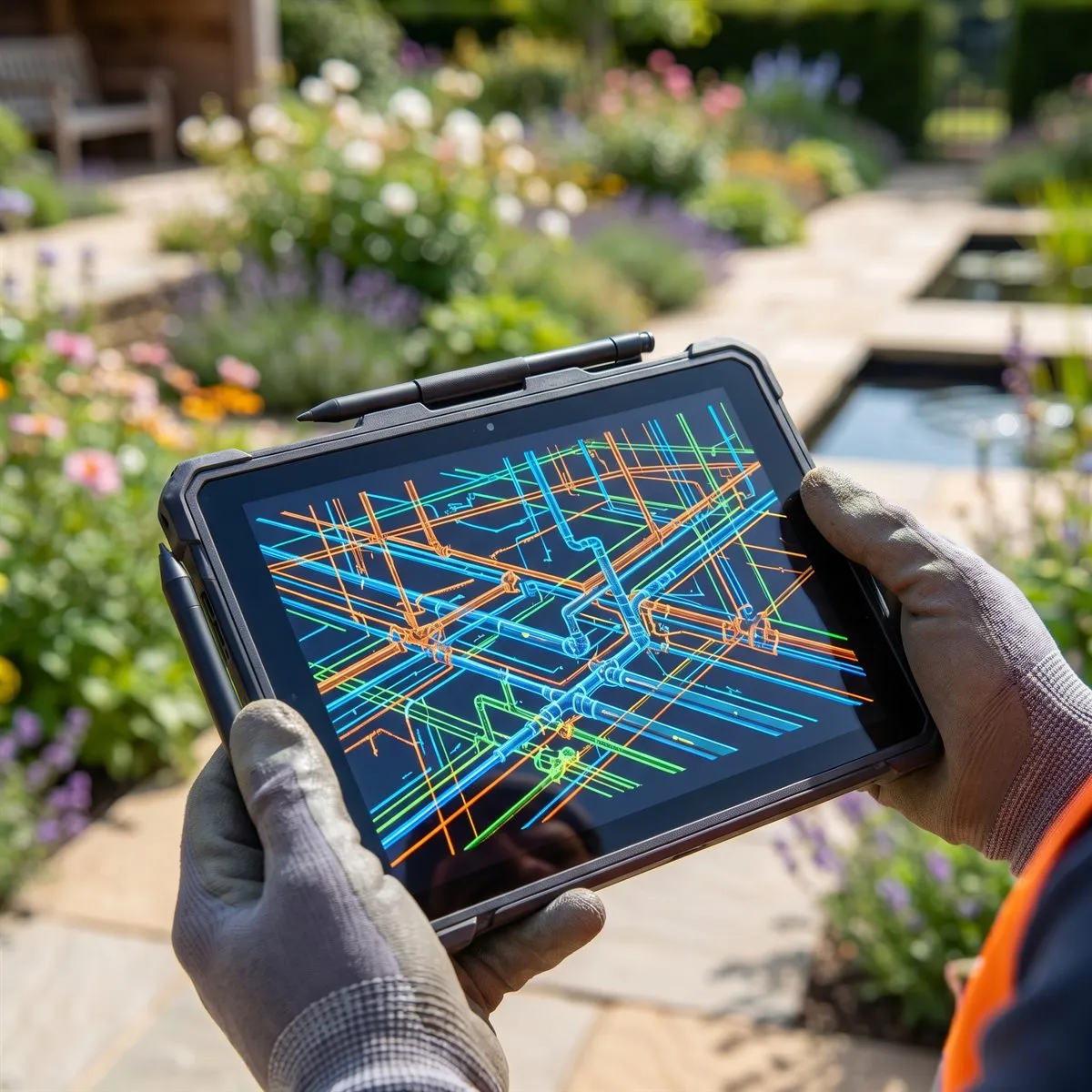 Tablet showing drainage layout and route information.