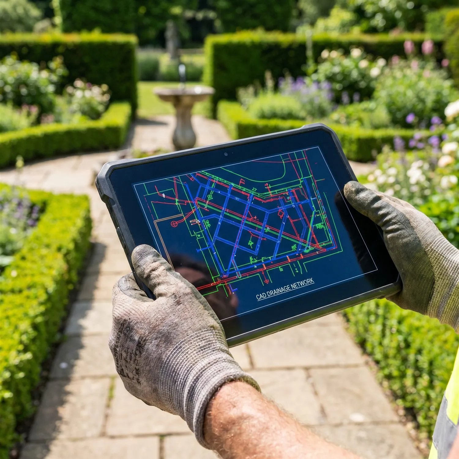 Tablet-based drainage route review carried out outside a residential property.