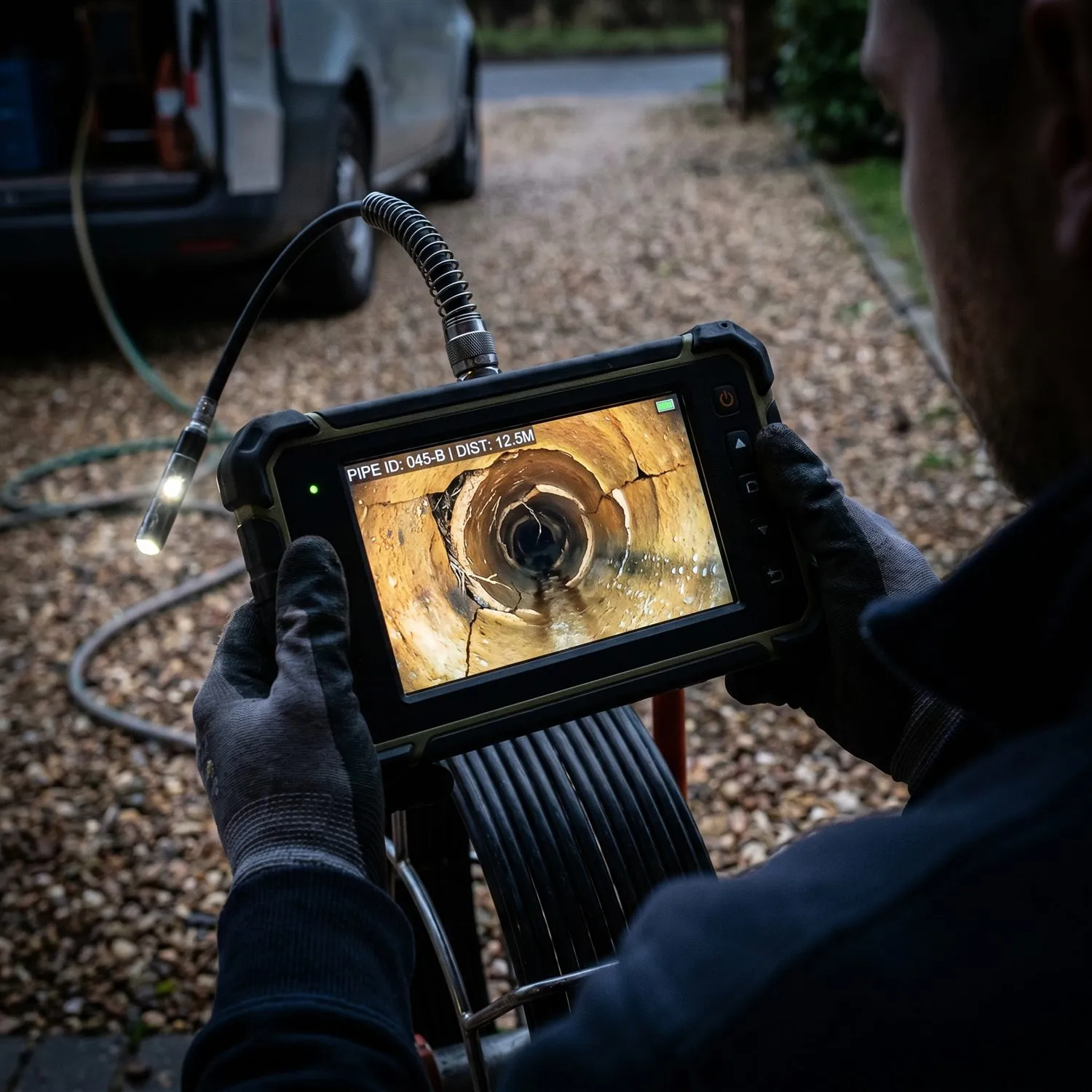 Ground-level CCTV drain survey monitor beside an inspection point.
