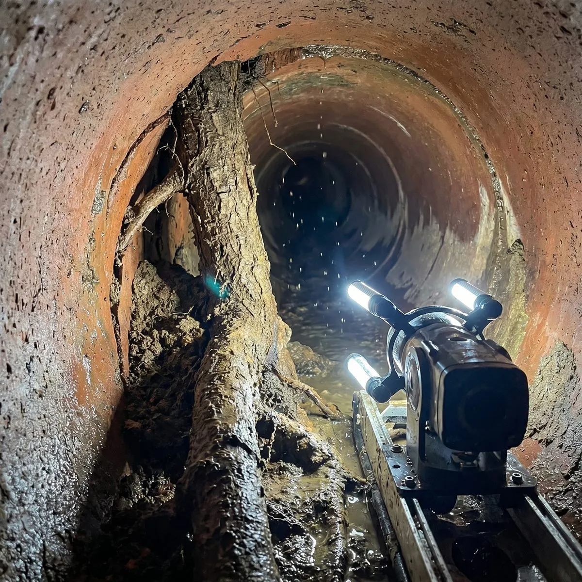 CCTV view inside a drain showing roots and obstruction.