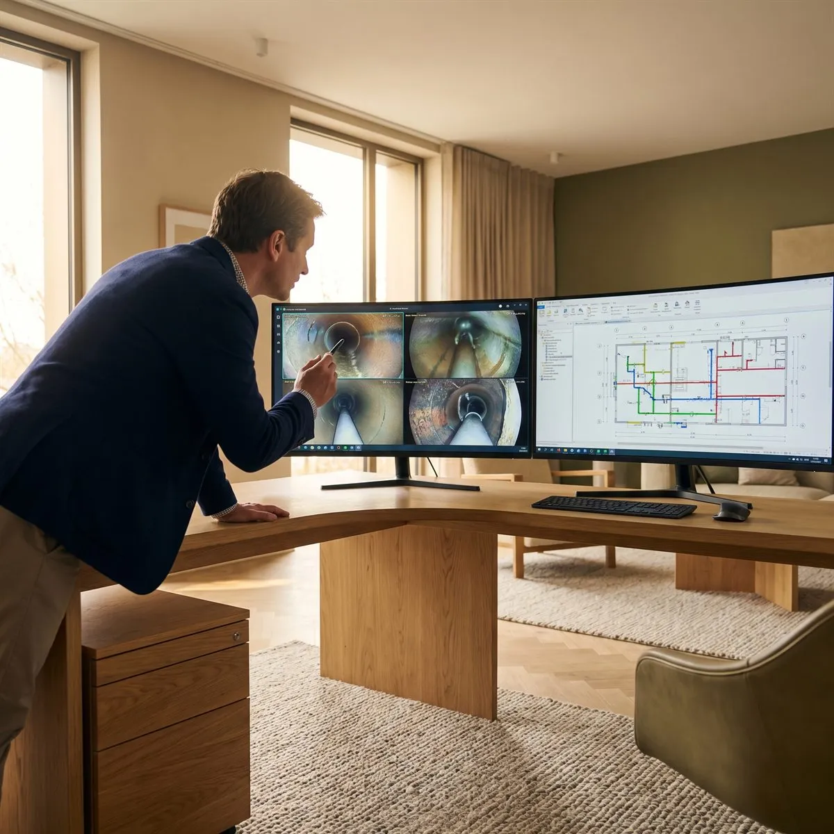 Drain survey report being reviewed on a desktop screen.