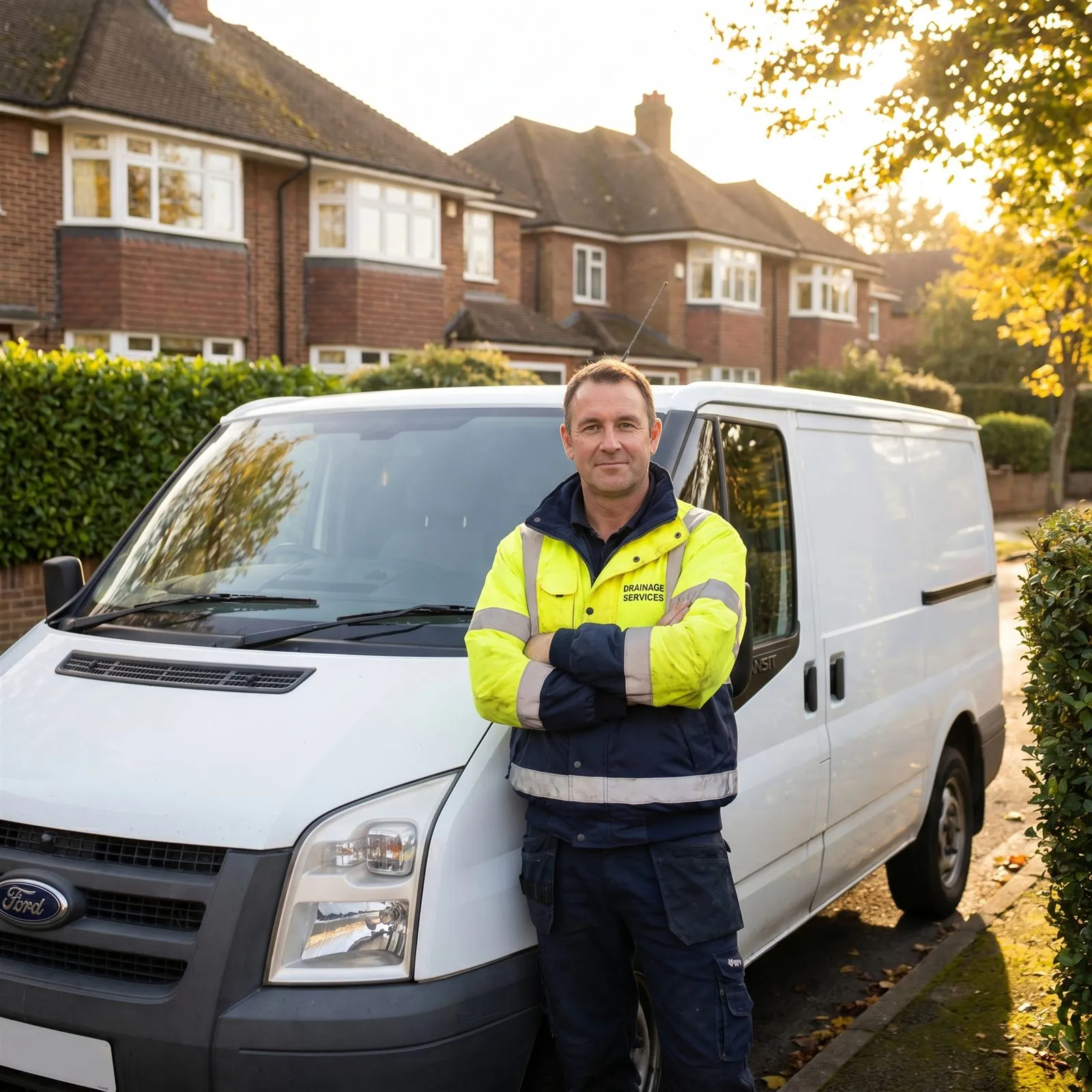 Drain survey specialist beside a van outside a residential property in Halifax.