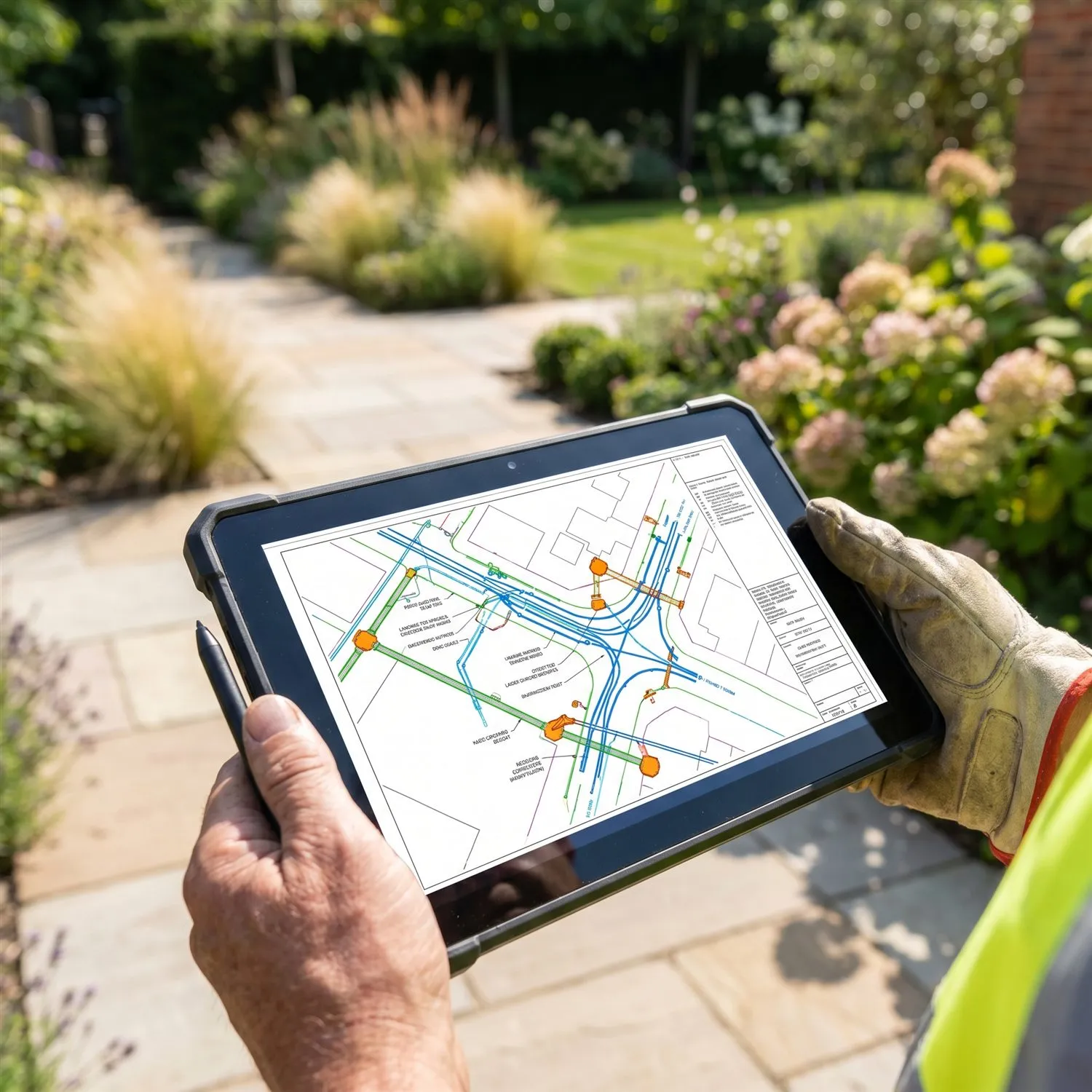Drainage route plan shown on a tablet during a property inspection.